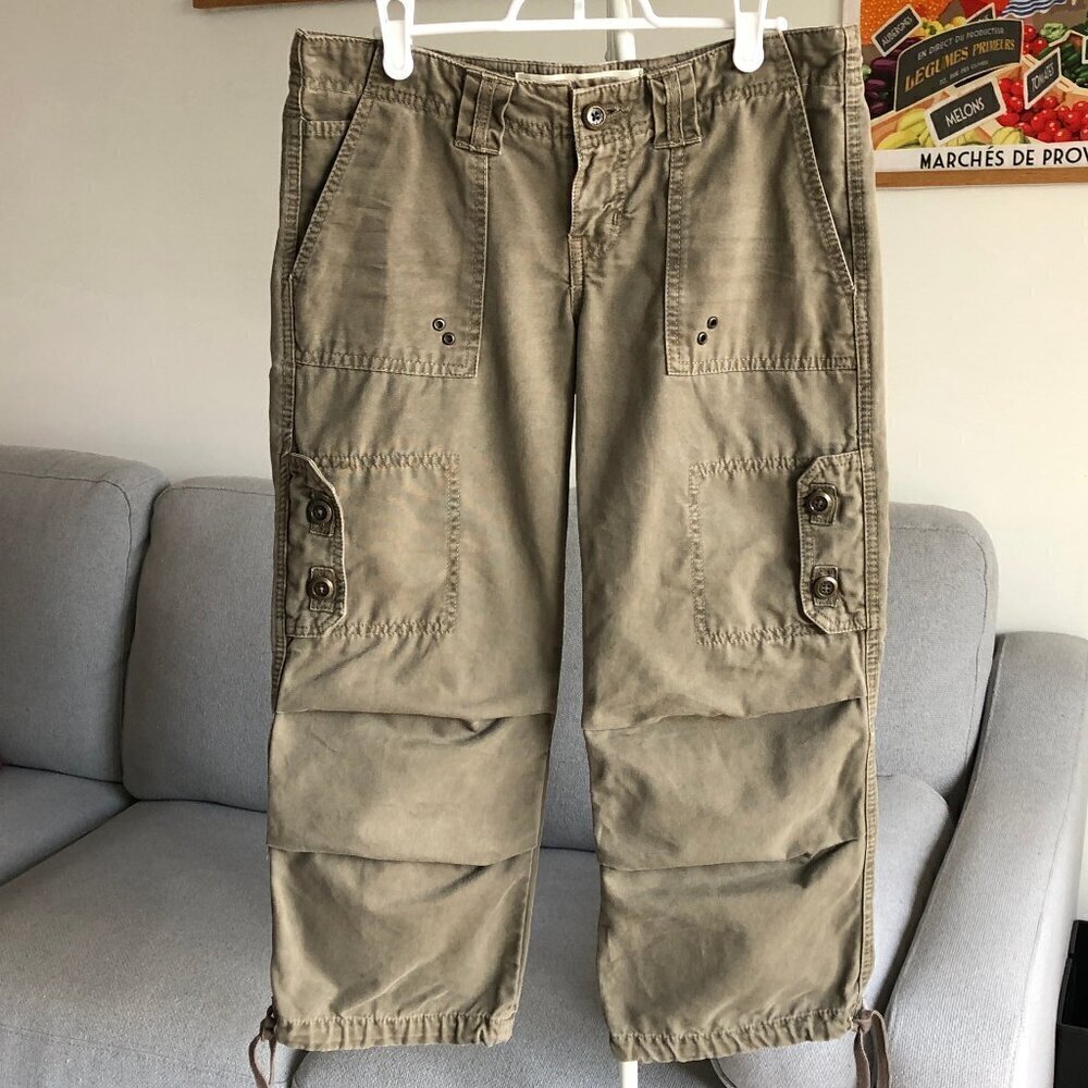 Zara Love Trf XX Cargo Khaki Green Capri Drawstring Jean 100% Cotton Women Sz 4
